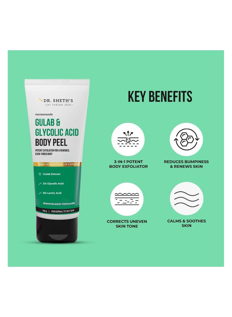 Dr. Sheth's Gulab & 2% Glycolic Acid Body Peel for Glowing Skin | 5 Mins Chemical Peel with 5% Lactic Acid & Rose Extracts | Exfoliating Peel for Brightening and Tan Removal | Men & Women | 100g - Image 2