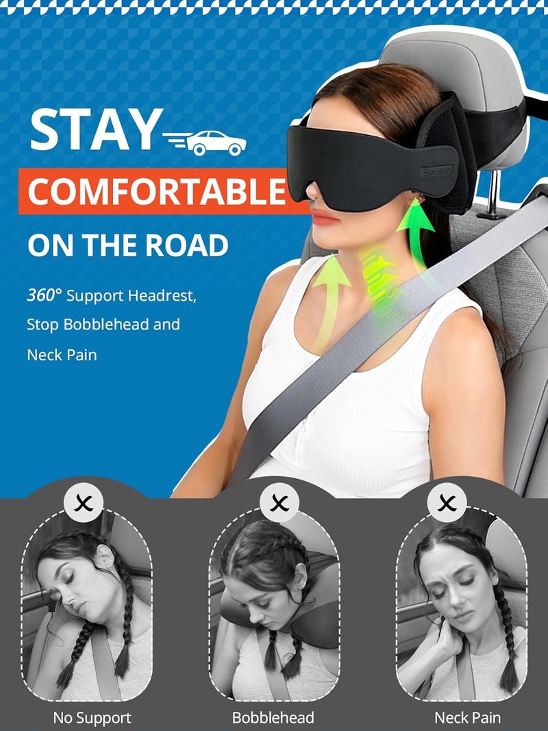 SARISUN Travel Pillow, Car Travel Pillow with 3D Eye Mask for Sleep, 360° Head Support Strap for All Car Seat, Road Trip Essentials, Stop Bobblehead, Black - Image 2