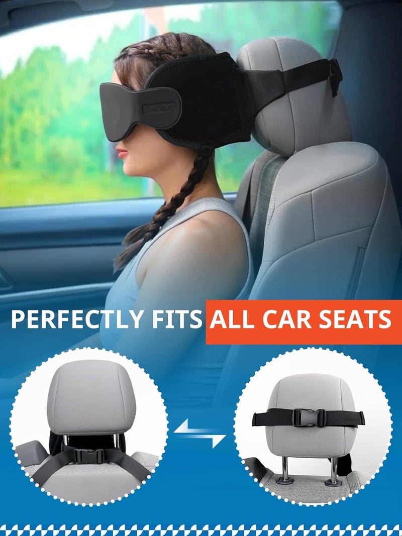 SARISUN Travel Pillow, Car Travel Pillow with 3D Eye Mask for Sleep, 360° Head Support Strap for All Car Seat, Road Trip Essentials, Stop Bobblehead, Black - Image 5