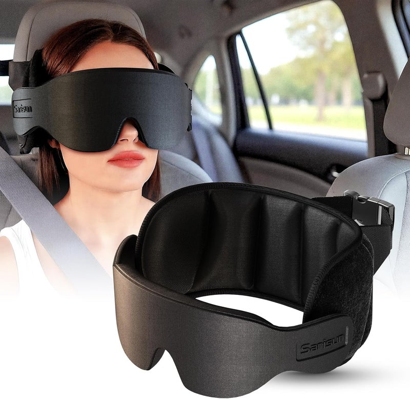 SARISUN Travel Pillow, Car Travel Pillow with 3D Eye Mask for Sleep, 360° Head Support Strap for All Car Seat, Road Trip Essentials, Stop Bobblehead, Black - Image 1