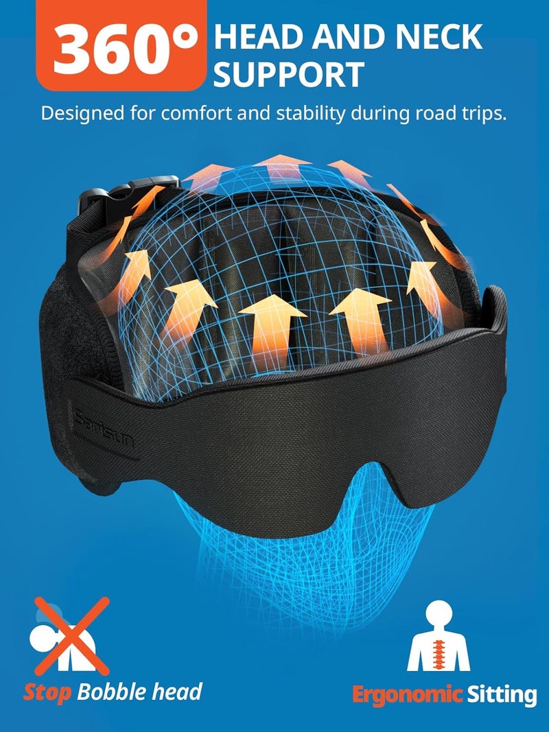 SARISUN Travel Pillow, Car Travel Pillow with 3D Eye Mask for Sleep, 360° Head Support Strap for All Car Seat, Road Trip Essentials, Stop Bobblehead, Black - Image 4