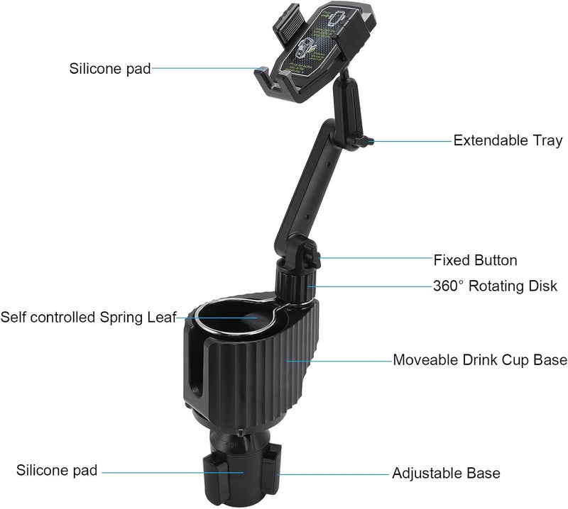 أنجريك Cup Holder Phone Mount, 360° Rotation Easy to Install Stable Car Cup Phone Holder Expander ABS for 7.2 Inches Smartphones - Image 2