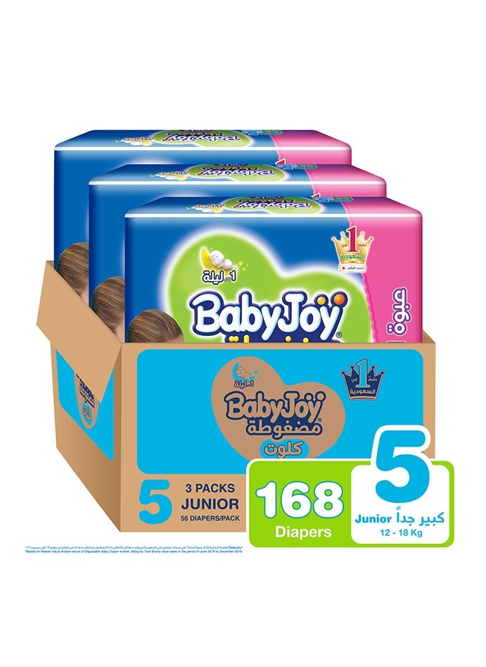 Baby Joy Baby Pants Diapers, Size 5, 12 - 18 Kg, 168 Count (56 x 3) - Junior 