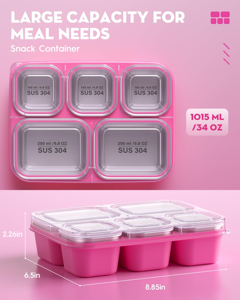 BiuLeon Snackle Box Containers, Stainless Steel 5 Compartments Divided Serving Tray with Lid, Removable LeakProof Portable Bento Box for Fruit Candy Nuts Food - School, Picnic and Travelï¼ˆPinkï¼‰ - Image 2
