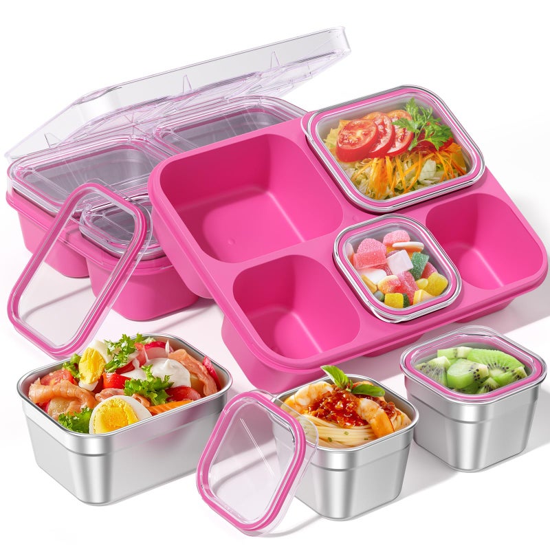 BiuLeon Snackle Box Containers, Stainless Steel 5 Compartments Divided Serving Tray with Lid, Removable LeakProof Portable Bento Box for Fruit Candy Nuts Food - School, Picnic and Travelï¼ˆPinkï¼‰ - Image 1