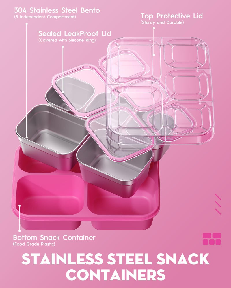 BiuLeon Snackle Box Containers, Stainless Steel 5 Compartments Divided Serving Tray with Lid, Removable LeakProof Portable Bento Box for Fruit Candy Nuts Food - School, Picnic and Travelï¼ˆPinkï¼‰ - Image 5