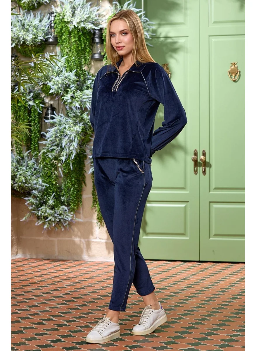 Cossy By Aqua 25306 Women's Long Sleeve Velvet Tracksuit-Navy Blue