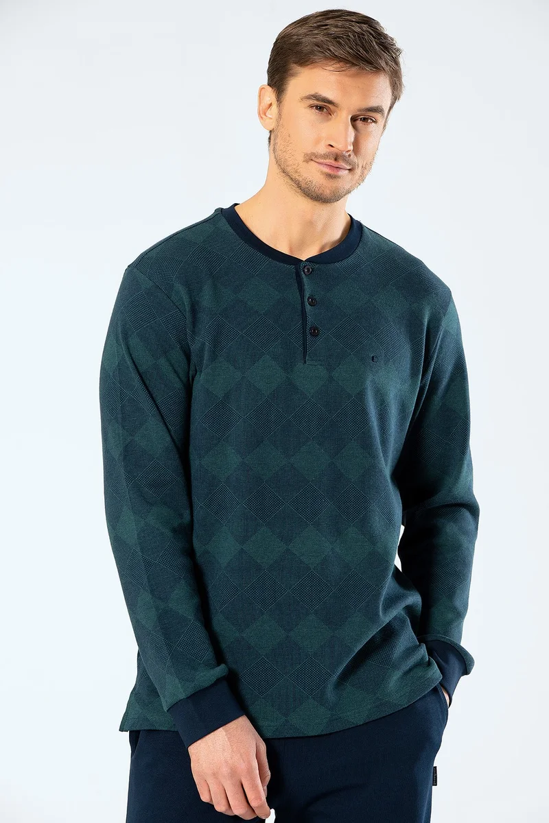cacharel 2195 Men's Jacquard Checkered Plaid Pajamas Set - Green