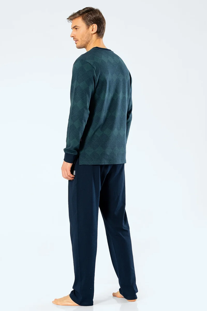 cacharel 2195 Men's Jacquard Checkered Plaid Pajamas Set - Green