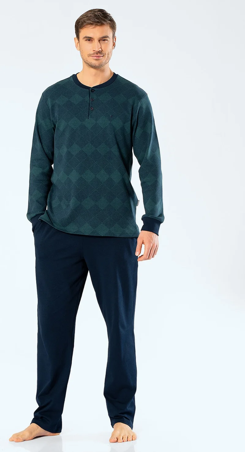 cacharel 2195 Men's Jacquard Checkered Plaid Pajamas Set - Green