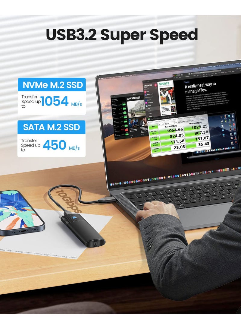 KASTWAVE M2 NVMe SATA SSD Enclosure Adapter Tool Free, USB C 3.2 Gen 2 10Gbps NVME, 5Gbps NGFF SATA PCIe M Key or B M Key  2230 2242 2260 2280, Aluminum External M2 Reader Support UASP Trim  PWDM2  - Image 2
