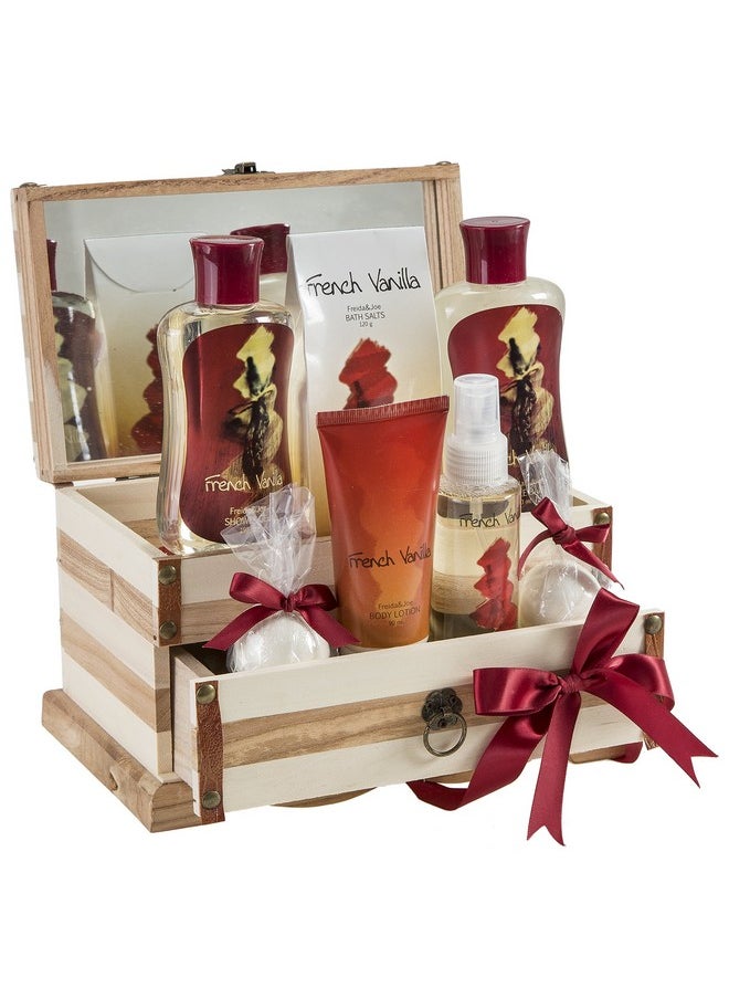 Freida and Joe - French Vanilla Bath Set Essential Bath And Body Basket 2 Vanilla Bath Bombs Vanilla Body Lotion Body Spray Bath Salts Shower Gel Bubble Bath In A Luxury Wooden Jewelry Box For Women - Image 1