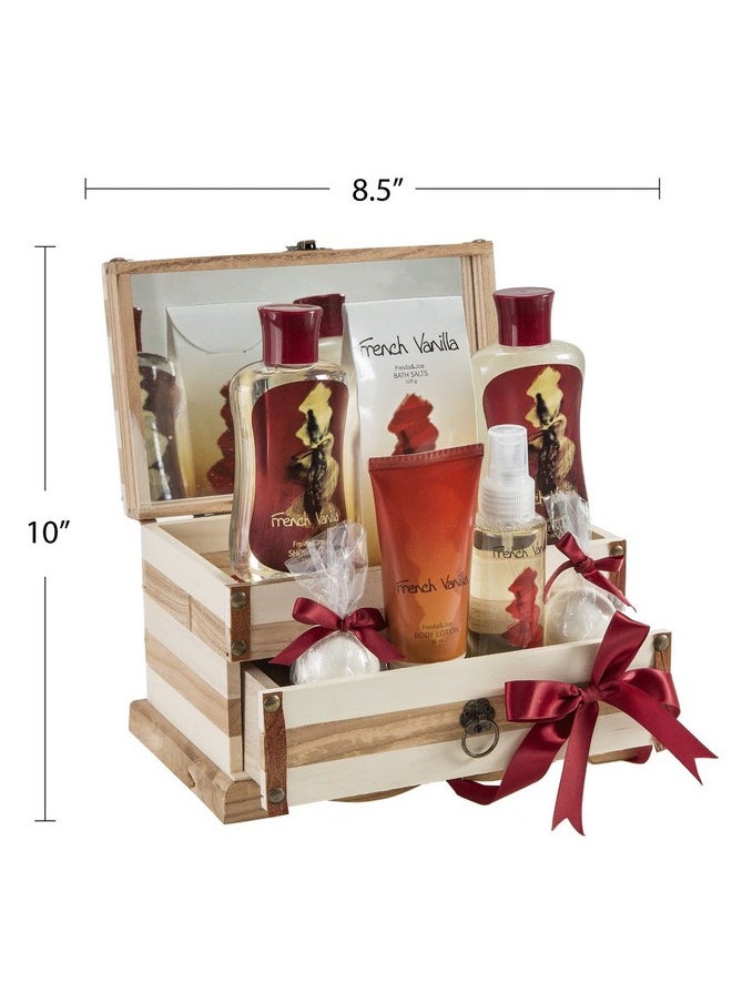 Freida and Joe - French Vanilla Bath Set Essential Bath And Body Basket 2 Vanilla Bath Bombs Vanilla Body Lotion Body Spray Bath Salts Shower Gel Bubble Bath In A Luxury Wooden Jewelry Box For Women - Image 1