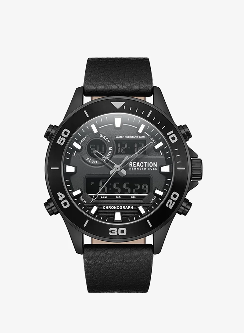 Kenneth Cole Reaction Analogue - Digital Gents Watch With Black Synthetic Leather Strap 46mm - KRWGD9006601
