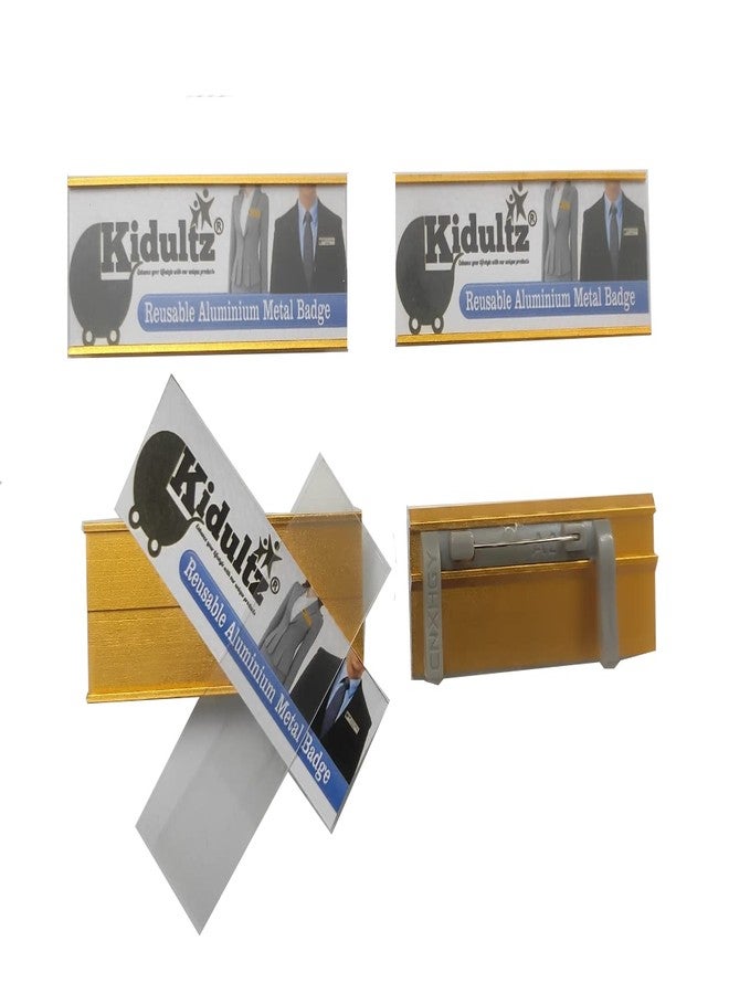 Kidultz (Pack of 4) Rectangular Aluminium Reusable Professional Name Badge for VIPs, Hotel Staff, etc.. Employee Personized Name Tag ID Badge with Pin (Gold) - Image 3