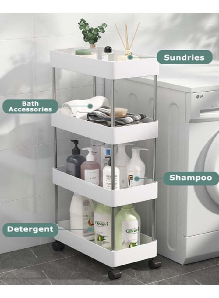 Raxoom 4-Tier Plastic Storage Trolley Rack with Caster Wheels,Rolling Utility Cart Slide Out Storage Shelves Space Saving Home Storage Organizer Racks,White - Image 4