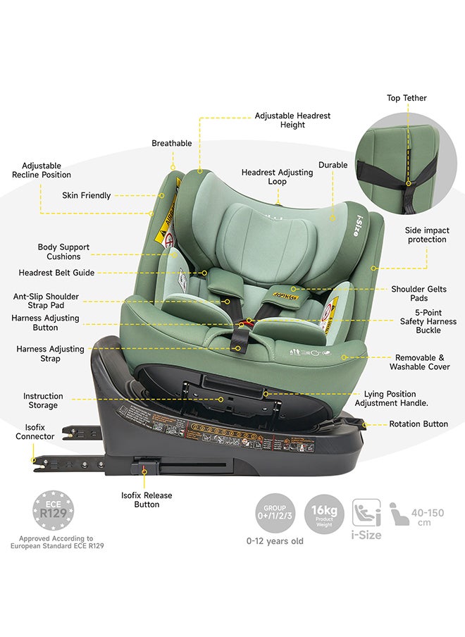 Jovikids - Rotating Ranger TT ISOFIX Car Seat 360° For Baby, 40 - 150 CM, 0 - 12 Years, ECE R129/E4 I-Size, Fixations ISOFIX, Top Tether - Green - Image 1