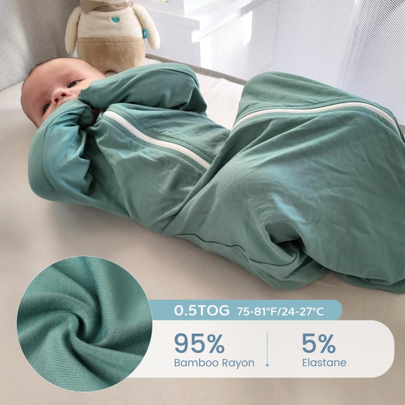 ZIGJOY Shark-Fin Transition Swaddle - 0.5 Tog Rayon Made from Bamboo Sleep Sack Transitional Swaddle Sack Baby Wearable Blanket with 2-Way Zipper, Mint Green, 6-12 Months - Image 2