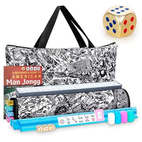 Taikula American Mahjong Game Set166 Premium White Tiles with Portable Metal Dices4 AllinOne Racks with Pushers MahJong Games Sets Ma Jong Tile Game Black Jungle - Image 1