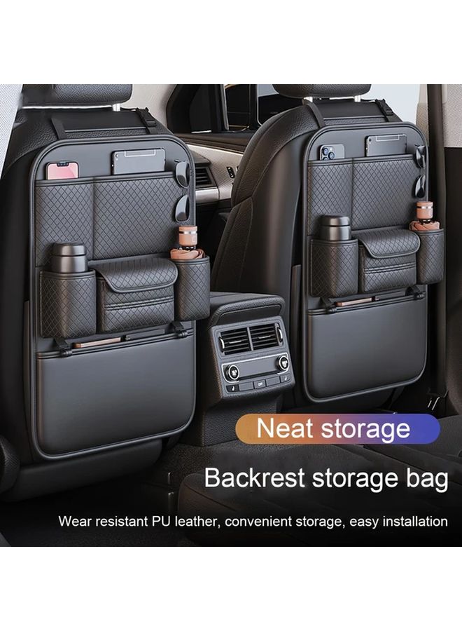 Black Car Seat Organizer Storage Bag PU Leather Spacious Backrest Grid Design - Image 1