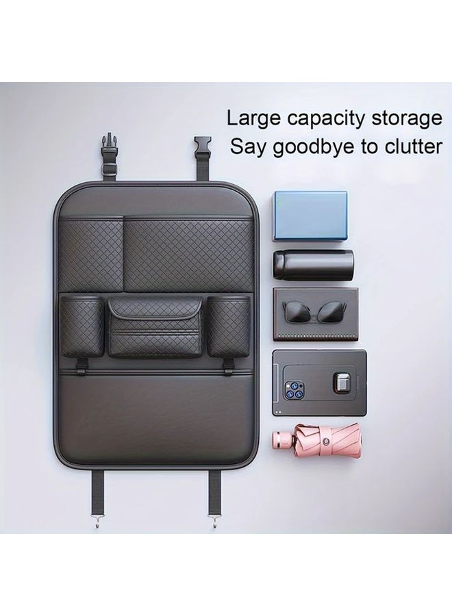 Black Car Seat Organizer Storage Bag PU Leather Spacious Backrest Grid Design - Image 3