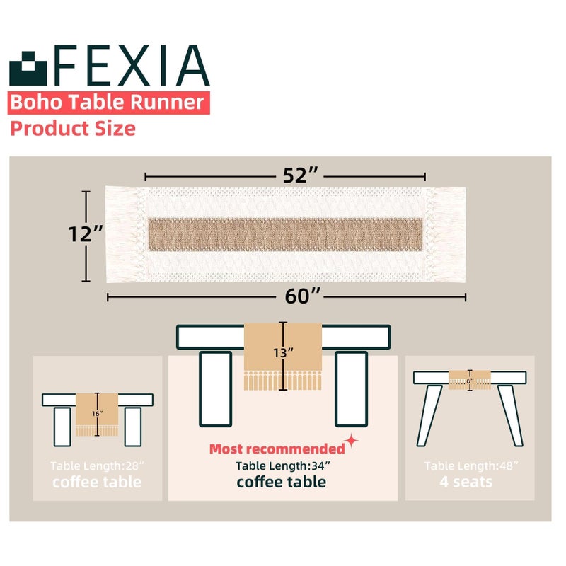 FEXIA Boho Table Runner with Tassels 60 Inches Long Christmas Thanksgiving Farmhouse Rustic Cream & Brown Macrame Table Runner for Home Dining Bedroom Bridal Shower Decor(12x60 Inches) - Image 2