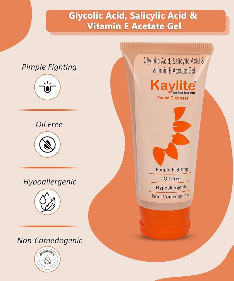 Kaylite Facial Cleanser Anti Acne Face Wash Salicylic acid and vitamin EAcetate Gel Oil Free for Women Men Pack of 5 300 ML - Image 2