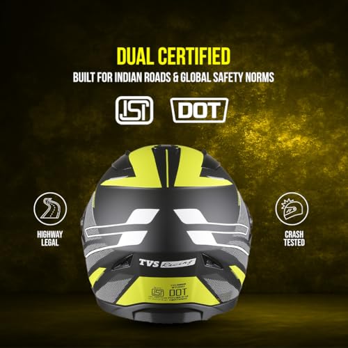 TVS Racing Anti Matter Full Face Helmet for Bike & Motorcycle Riders-DOT & ISI Certified-Lightweight ABS Shell, UV Resistant-Ventilated Comfort Liner, Quick-Release Visor & Chin Strap (Neon/M) - Image 3