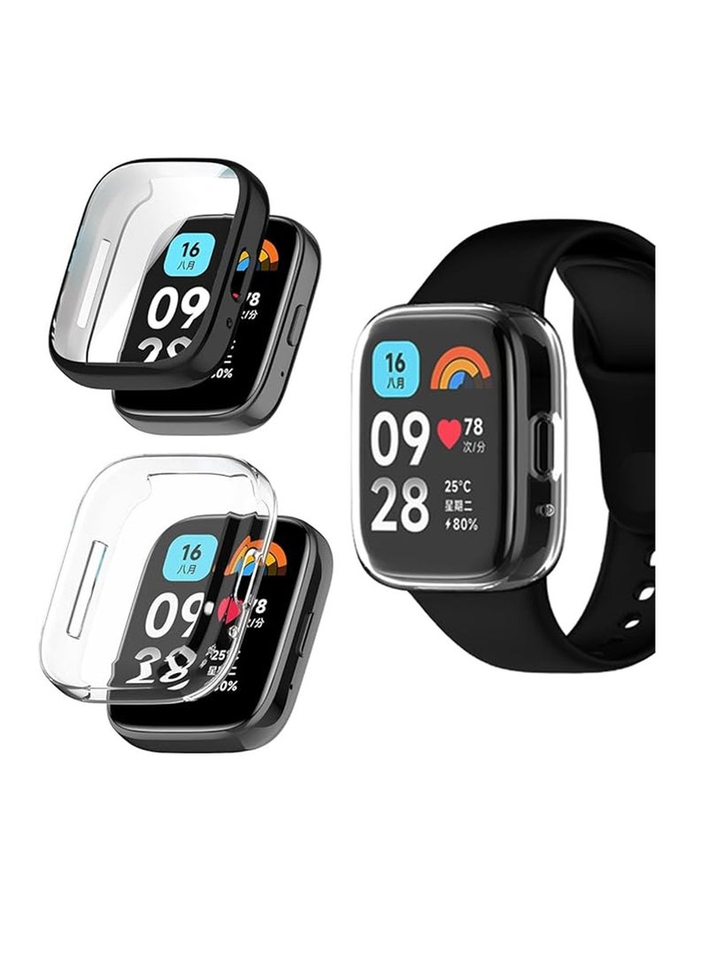 Screen Protector Compatible for Xiaomi Redmi Watch 3 Watch 3 Active Full Coverage Plated Watch Protective Cover Case with Tempered Glass Bumper Shell Cover 2 Pcs Black+Transparent - Image 1