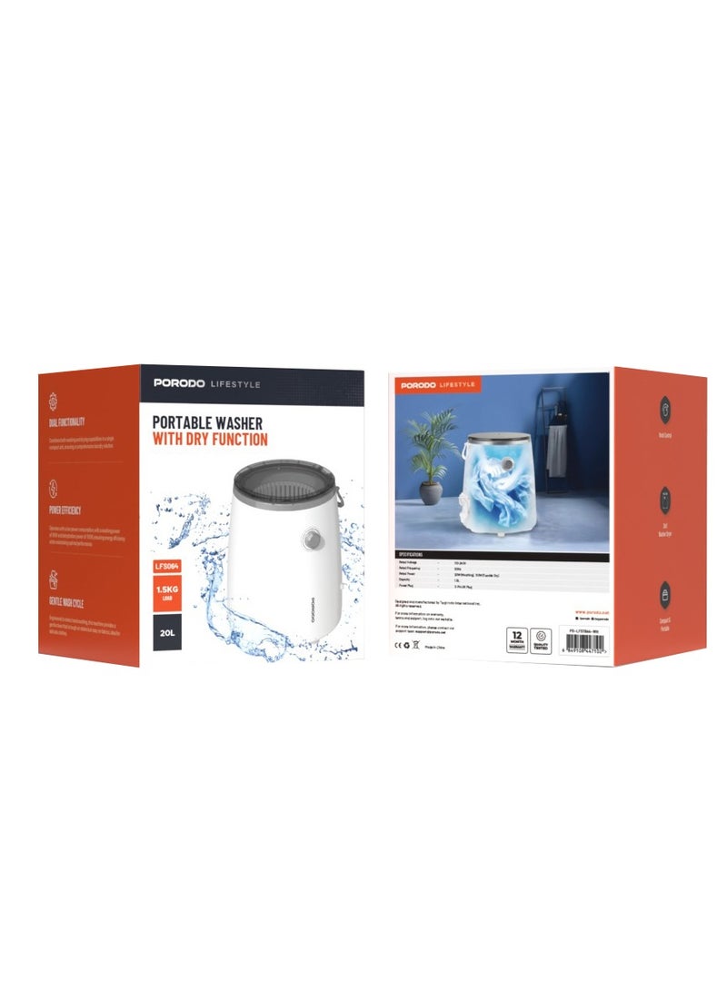 porodo Portable Mini Washing Machine / 2in1 Washer Dryer / Power Efficiency / Gentle Wash Cycle / Knob Control - White - Image 4