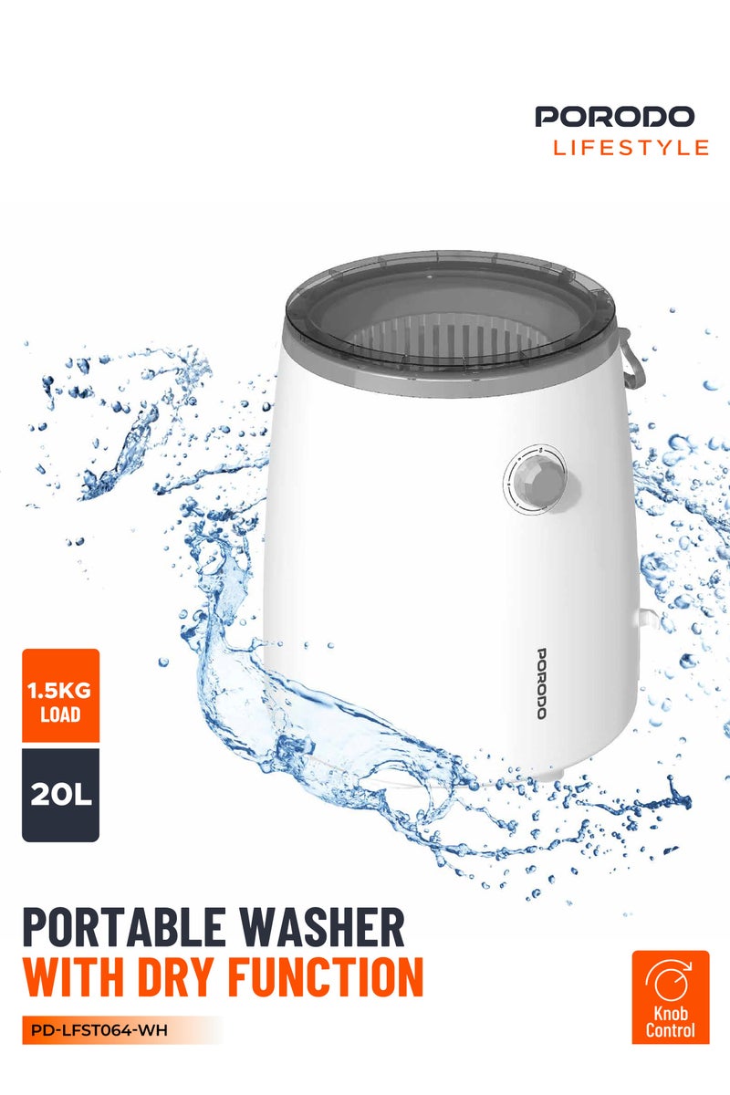porodo Portable Mini Washing Machine / 2in1 Washer Dryer / Power Efficiency / Gentle Wash Cycle / Knob Control - White - Image 1
