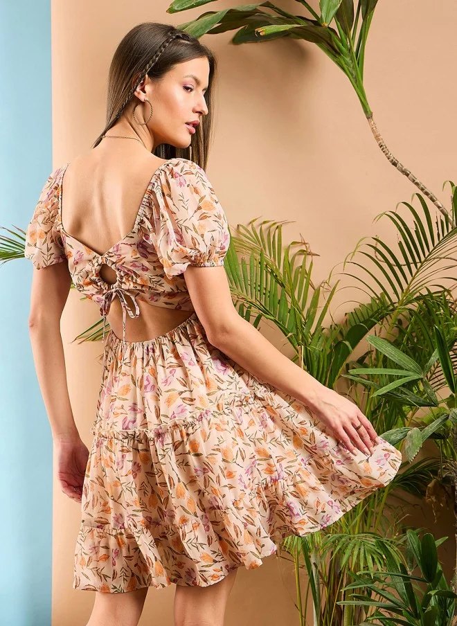 SASSAFRAS Floral Printed Georgette Fit & Flare Dress for Women