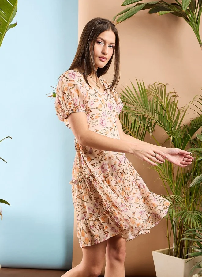 SASSAFRAS Floral Printed Georgette Fit & Flare Dress for Women