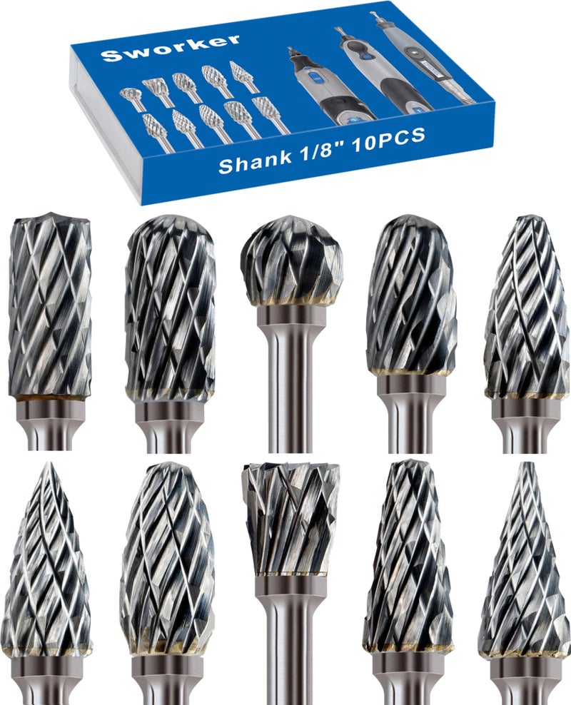 Sworker 10 Pcs Carbide Burr Set 1/8" Shank Compatible with Dremel Milwaukee Bits Rotary Tools Attachment Kit Rasp Drill File Accessories Metal Wood Stone Steel Grinding Carving Cutting Polishing - Image 1