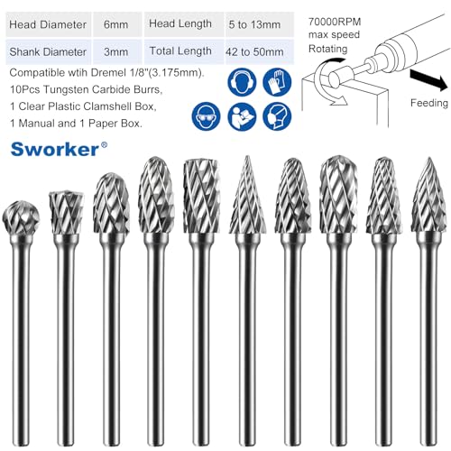 Sworker 10 Pcs Carbide Burr Set 1/8" Shank Compatible with Dremel Milwaukee Bits Rotary Tools Attachment Kit Rasp Drill File Accessories Metal Wood Stone Steel Grinding Carving Cutting Polishing - Image 2