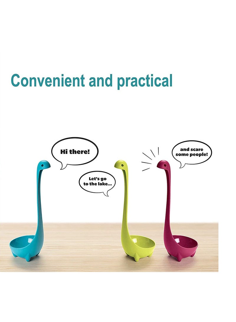 Zikra Soup Ladle Spons Loch Ness Monster Spoon Cute Kitchenware Household Gadgets 3 PCS Dinosaur Long Handle Standing Plastic Generic Cartoon Design (Lake Blue/Grass Green/Rose Red) - Image 3