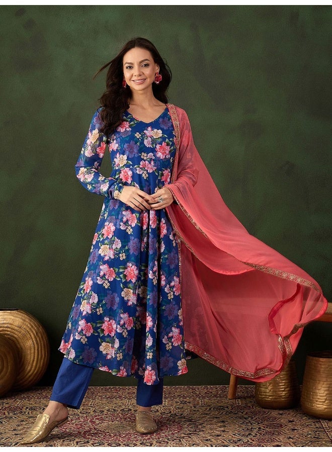 AKS Royal Blue Georgette Floral Printed Anarkali With ContrastDupatta - Image 1