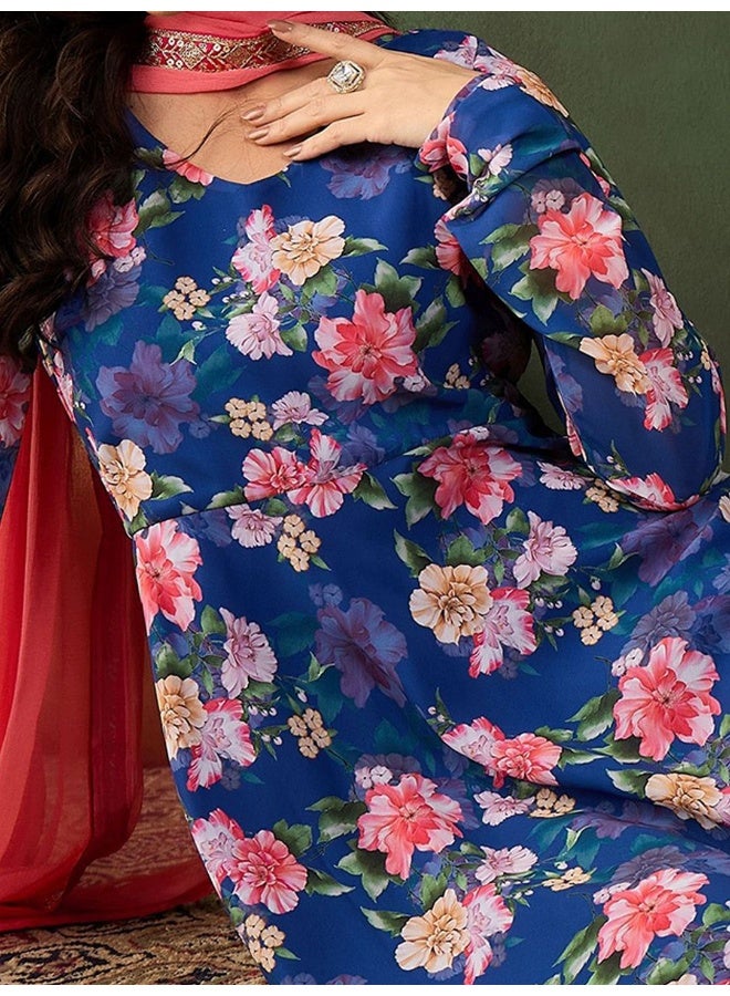 AKS Royal Blue Georgette Floral Printed Anarkali With ContrastDupatta - Image 2