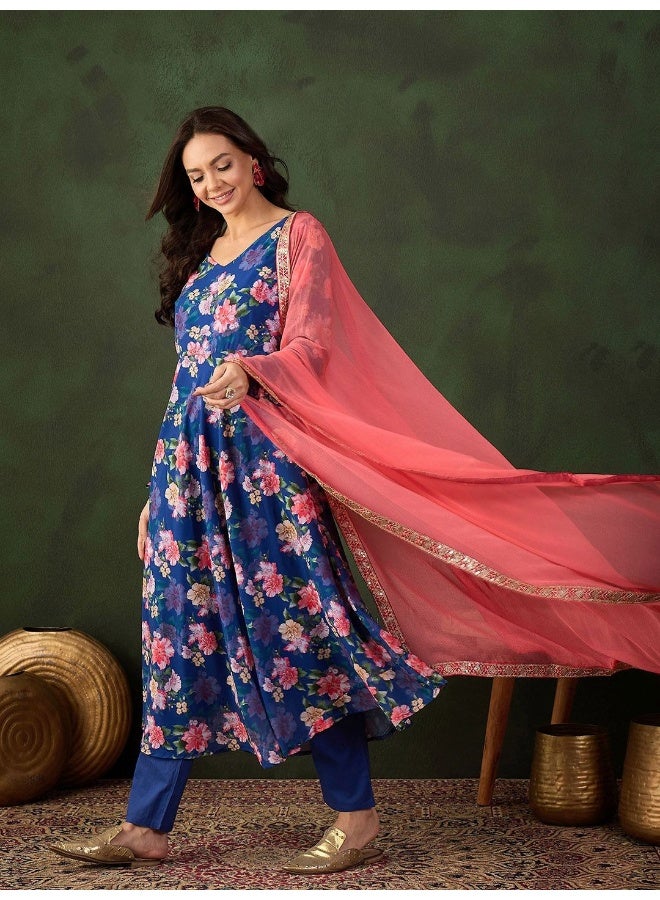 AKS Royal Blue Georgette Floral Printed Anarkali With ContrastDupatta - Image 4