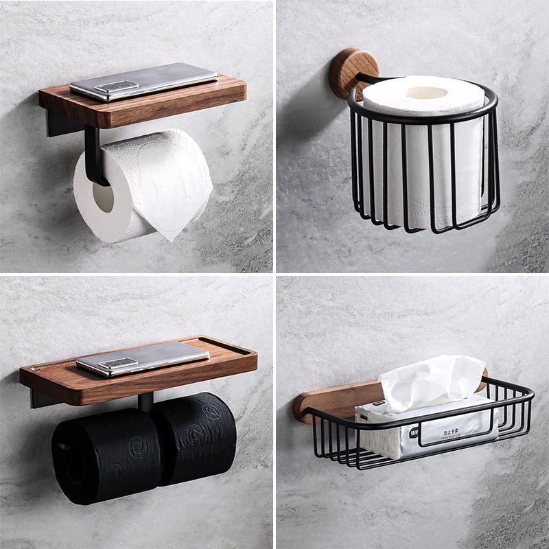Creative Solid Wood Tissue Holder Punch-Free Toilet Paper Box Toilet Mobile Phone Storage Rack Black Walnut Paper Roll Rack - Image 2