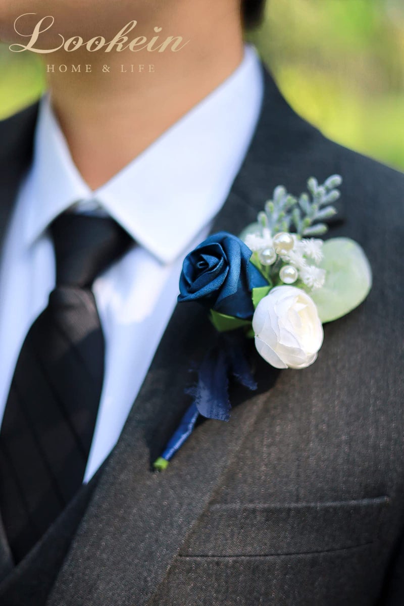 Lookein Set of 6 Navy Blue Wedding Boutonniere for Men Artificial Flowers Wedding Groom Groomsmen Boutonniere for Wedding Ceremony Anniversary Formal Dinner Party - Image 2