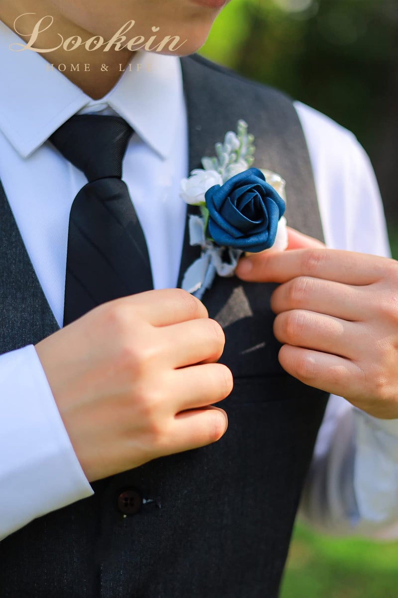 Lookein Set of 6 Navy Blue Wedding Boutonniere for Men Artificial Flowers Wedding Groom Groomsmen Boutonniere for Wedding Ceremony Anniversary Formal Dinner Party - Image 4