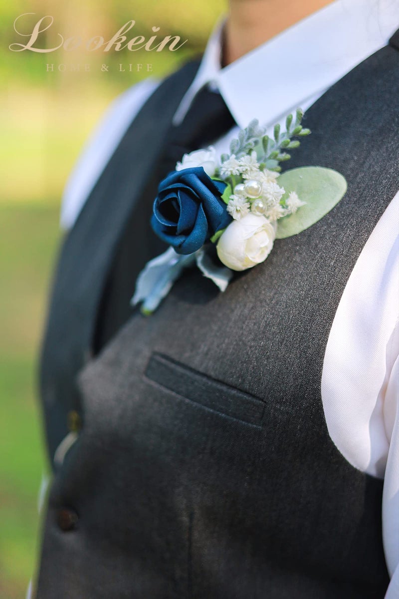 Lookein Set of 6 Navy Blue Wedding Boutonniere for Men Artificial Flowers Wedding Groom Groomsmen Boutonniere for Wedding Ceremony Anniversary Formal Dinner Party - Image 5