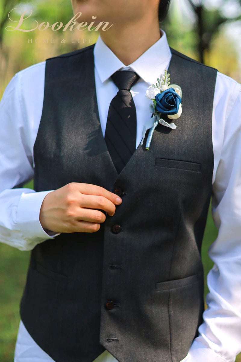 Lookein Set of 6 Navy Blue Wedding Boutonniere for Men Artificial Flowers Wedding Groom Groomsmen Boutonniere for Wedding Ceremony Anniversary Formal Dinner Party - Image 3