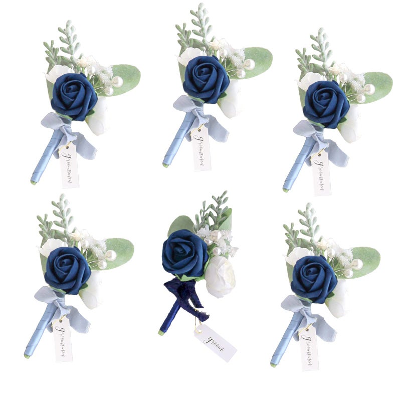 Lookein Set of 6 Navy Blue Wedding Boutonniere for Men Artificial Flowers Wedding Groom Groomsmen Boutonniere for Wedding Ceremony Anniversary Formal Dinner Party - Image 1
