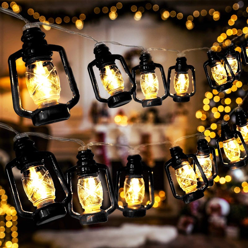 AceList 20 LED Black Lantern String Lights Mini Kerosene Lamp for Indoor Outdoor Patio Garden Holiday Home Ramadan Wedding Party Christmas Tree New Year DecorationsWarm White Light