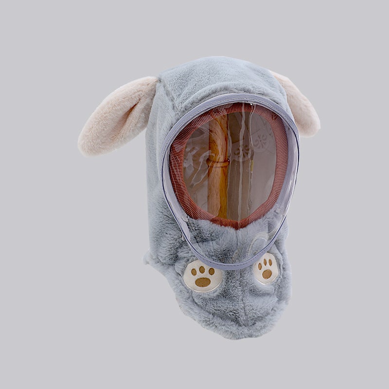 Kids Winter Warm Windproof Masked Beanie Set Grey-Long Ears (Mask Removable) 