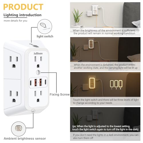JcBlaon Wall Outlet Extender with Night Light, Power Plug Adapter 6 Outlet Extender with 4 USB Charging Ports 1050J Power Strip Multi Plug Adapter Spaced for Home Travel Office (2U2C) - Image 2