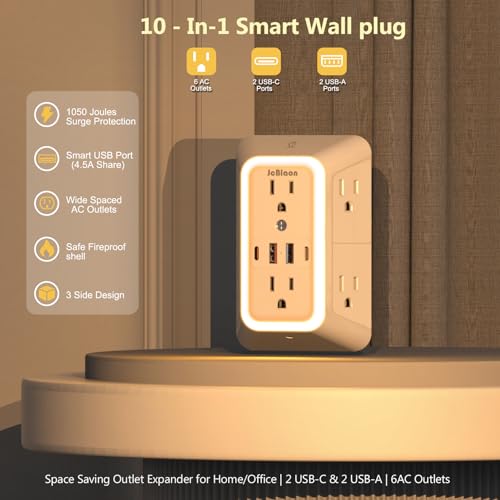 JcBlaon Wall Outlet Extender with Night Light, Power Plug Adapter 6 Outlet Extender with 4 USB Charging Ports 1050J Power Strip Multi Plug Adapter Spaced for Home Travel Office (2U2C) - Image 5