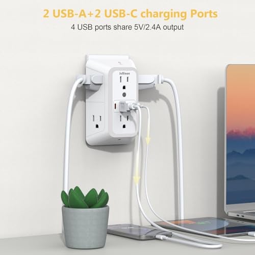 JcBlaon Wall Outlet Extender with Night Light, Power Plug Adapter 6 Outlet Extender with 4 USB Charging Ports 1050J Power Strip Multi Plug Adapter Spaced for Home Travel Office (2U2C) - Image 3